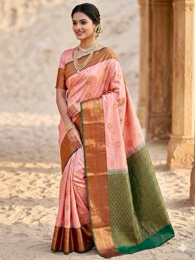 Pattu sarree, pink ,copper and forest green