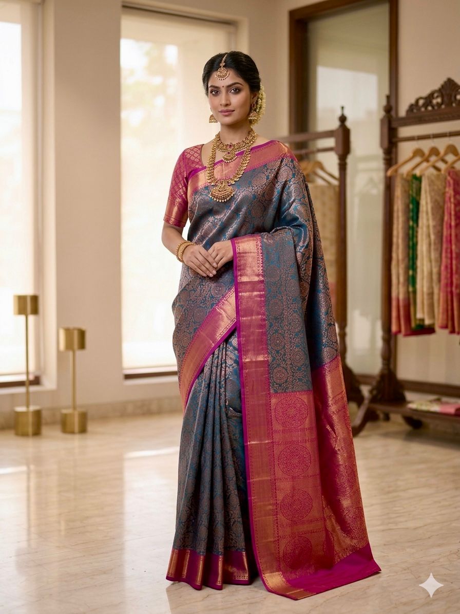 Pure kanchipuram pattu sarree, Peacock blue and marron red