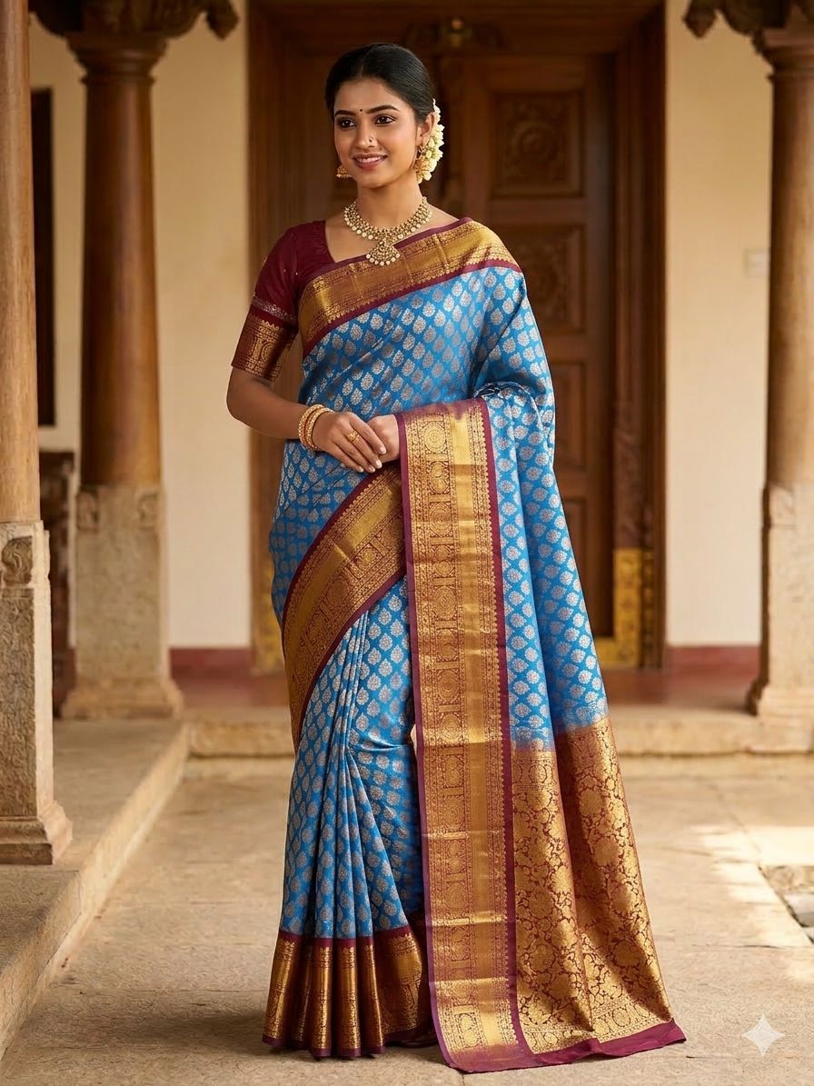 Blue and marron pattu saree