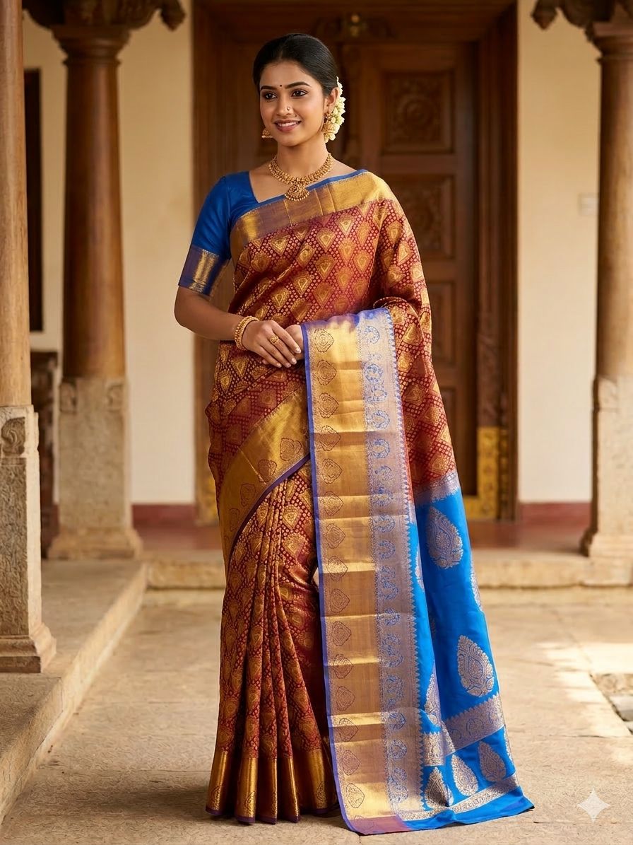 Pure Pattu saree , Maroon and blue