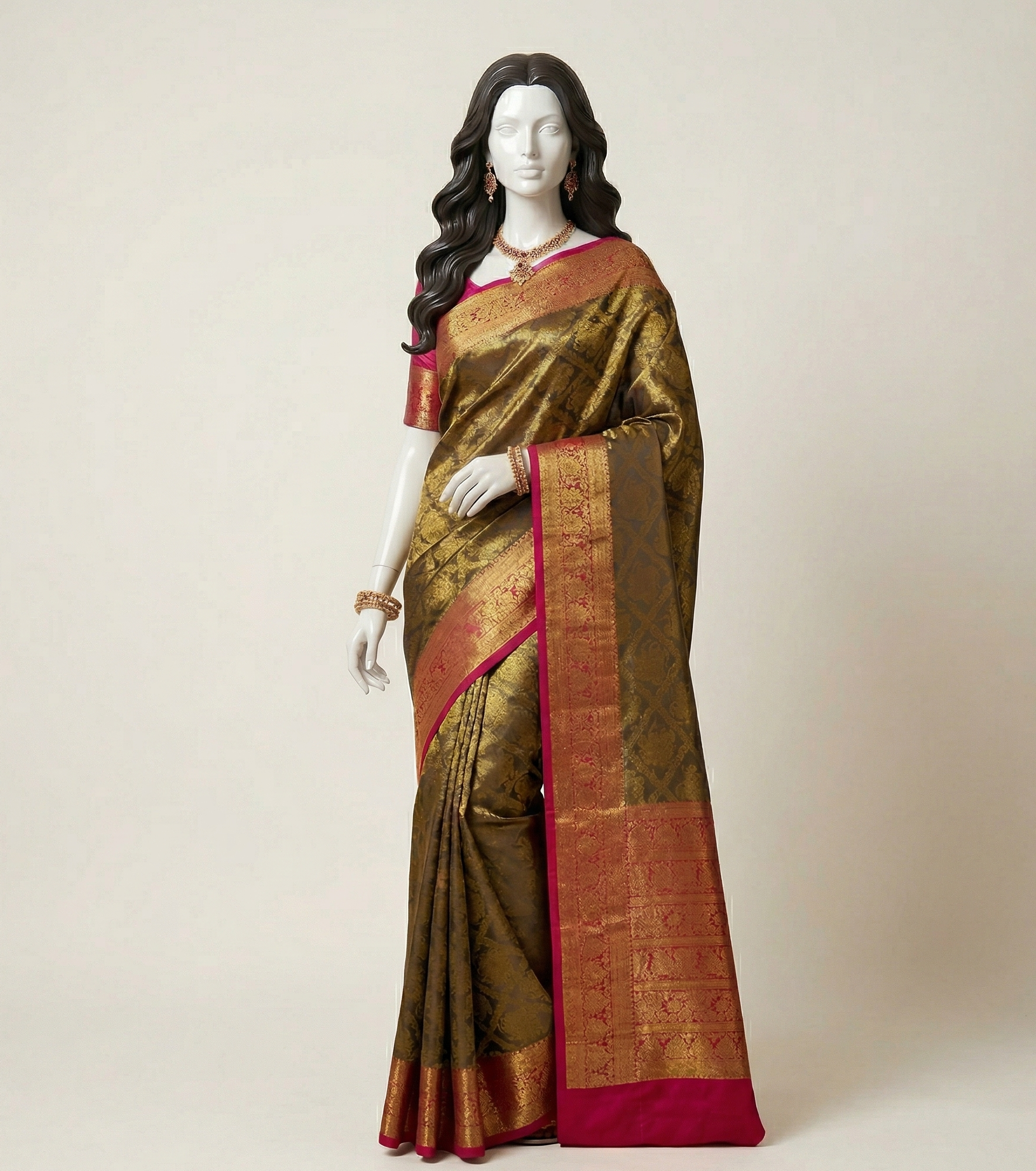 Olive Crimson Pattu silk saree